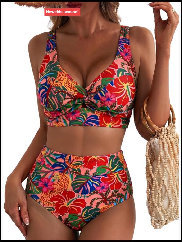 High Waisted Bikini Set Floral Print Twist Front Tummy Control Bathing Suit